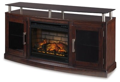 Ashley Dark Brown Chanceen W757W4 60" TV Stand with Electric Fireplace | Home Elegance USA