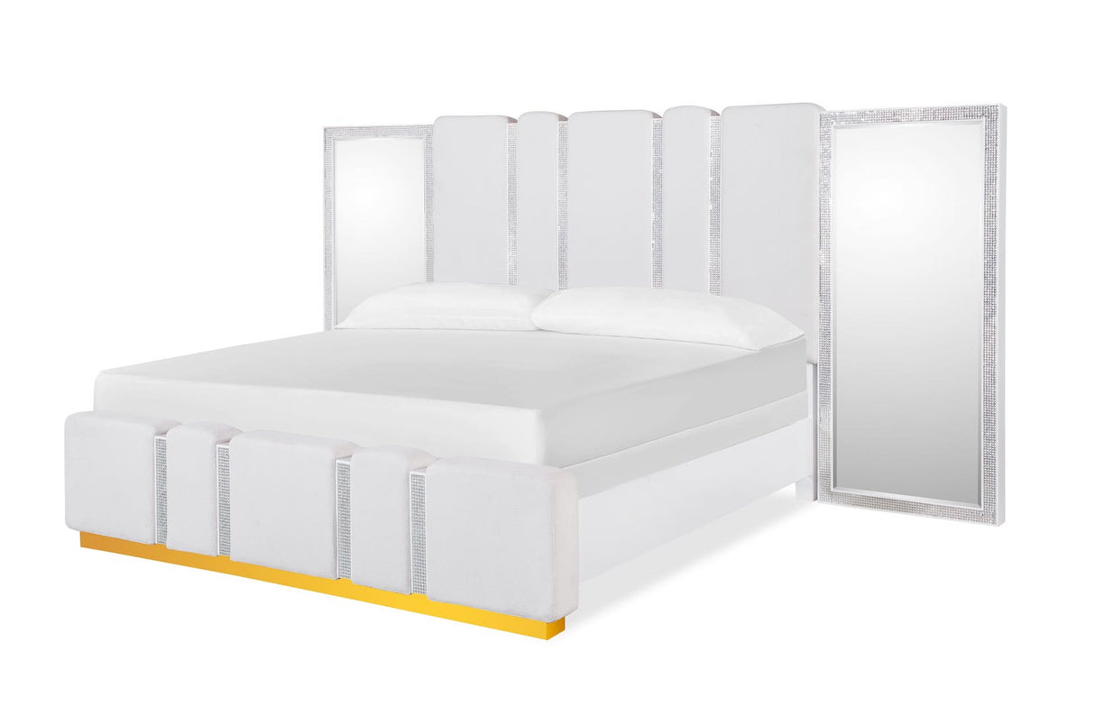 Zoe Bed with crystal accents, gold detailing, and Queen/King bed with 69″ headboard and 19″ footboard.