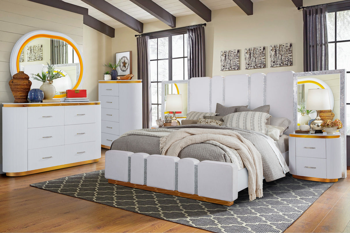 Zoe Bedroom Set with crystal accents, gold detailing, LED mirror, dresser 66×18×40, chest 39×19×50, nightstand 29×18×28, and Queen/King bed with 69″ headboard and 19″ footboard.