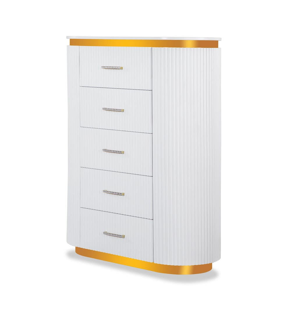 White dresser with gold accents on a white background