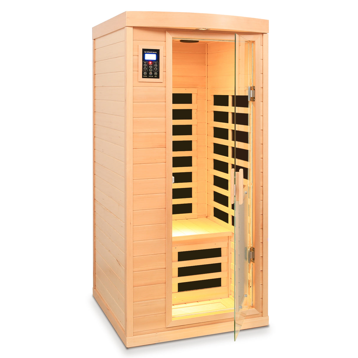 Sauna interior de infrarrojo lejano de Hemlock con bajo EMF y panel calefactor para una persona, acabado en madera natural