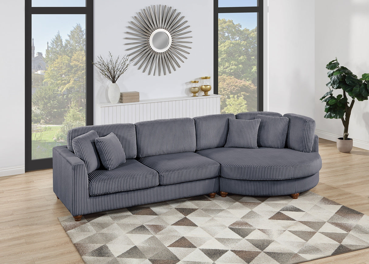 Contemporary 2pc Sectional Set XL Plush Corduroy Fabric Dark Gray LAF Sofa RAF Round Chaise w Pillows Living Room Couch - sold by Home Elegance USA