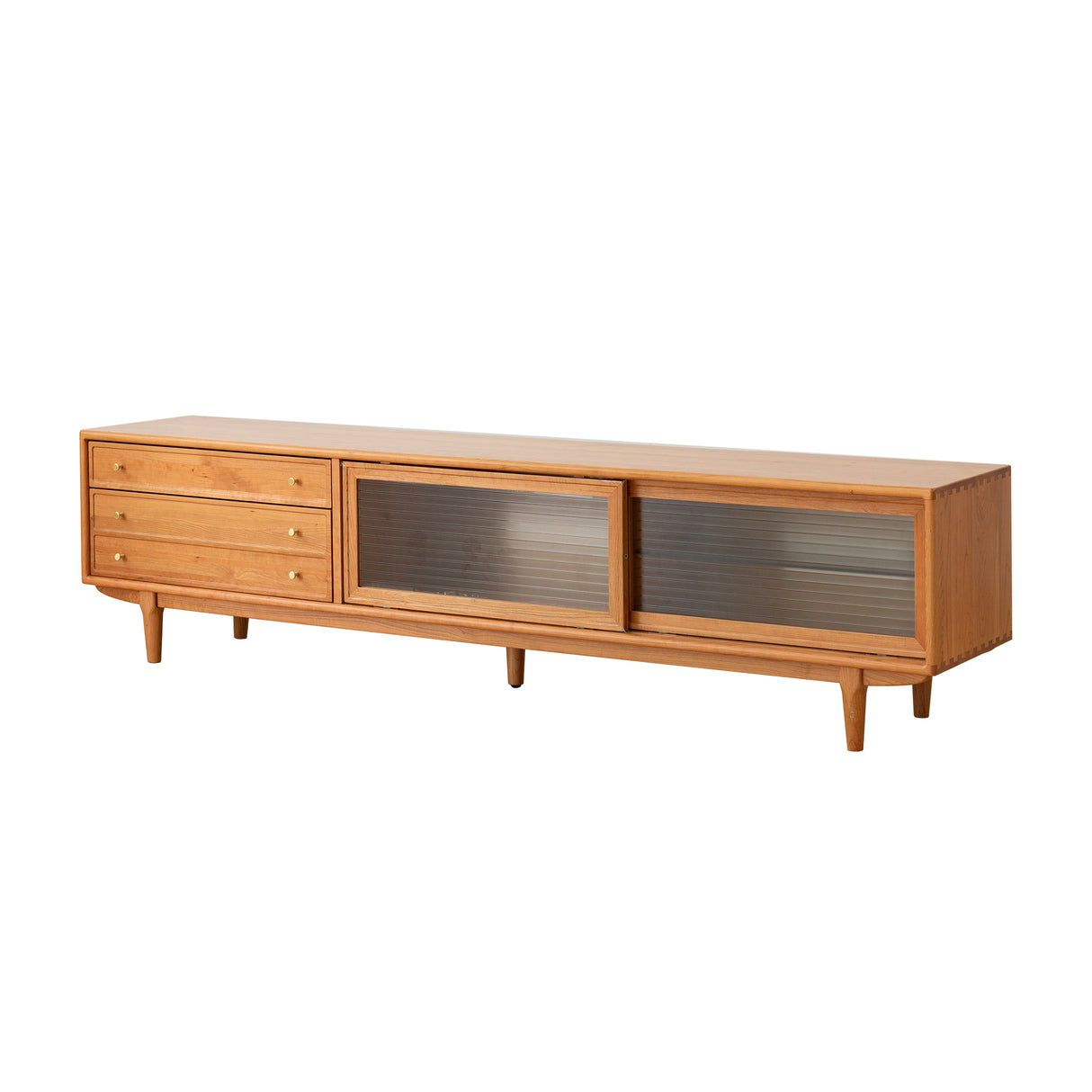 Mueble para TV de madera maciza de cerezo de grado FAS de Norteamérica con puertas de vidrio Changhong chino y dos cajones para almacenamiento.