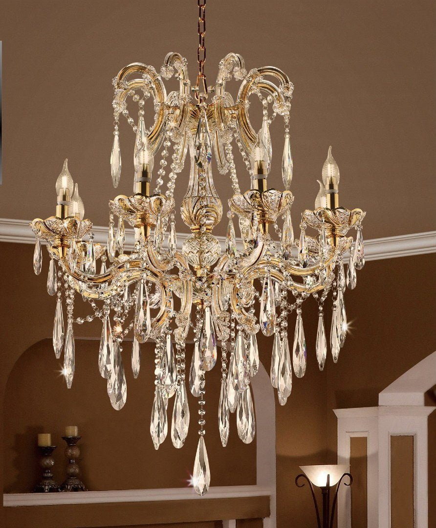 35" Tall" Luminere" 8 LED Light Chandelier with Crystals, Matte Gold and Crystal | Home Elegance USA