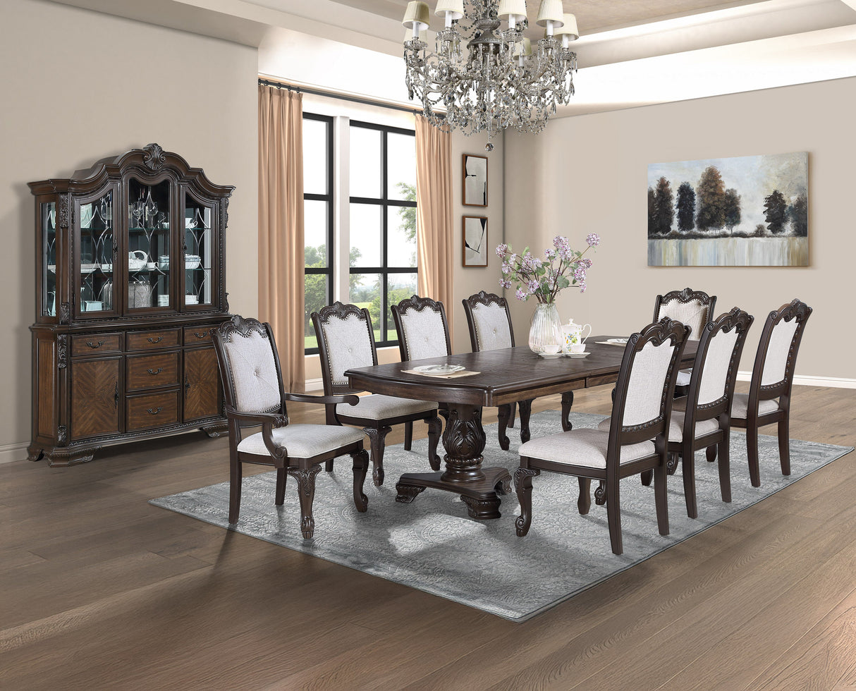 Formal 9pc Rectangular Dining Table 18' Extendable Leaf Side Chair Arm Chair Rich Dark Coffee Brown Finish Intricately Carved Double Pedestal Base Solid Wood Dining Set - sold by Home Elegance USA