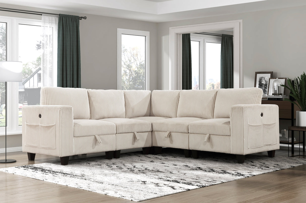 5-Piece Modular Sectional with Storage Seats, Side Pockets, Charging Ports Beige Corduroy Fabric Modern Living Room Sectional Couch Solid Wood Furniture - sold by Home Elegance USA