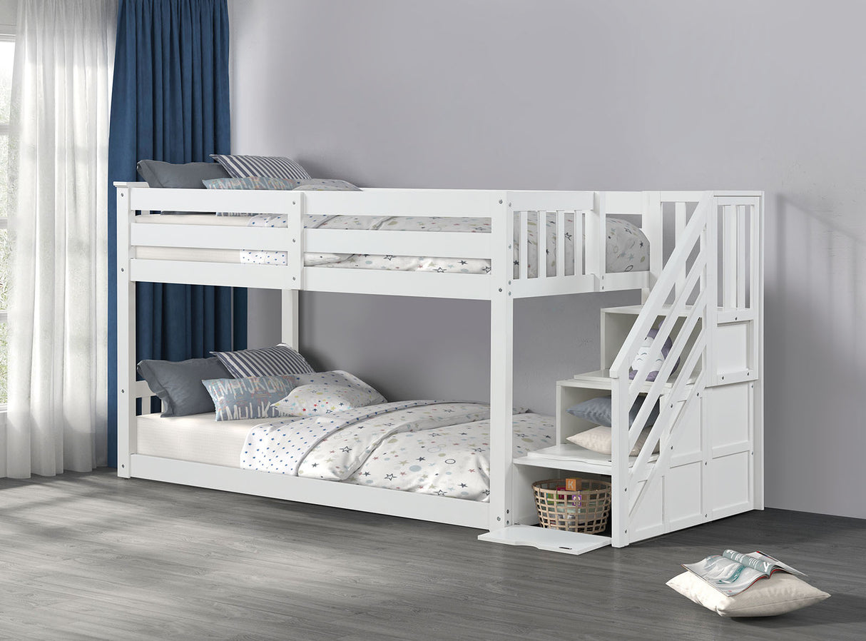 Transitional Style Twin Over Twin Low Bunk Bed Reversible Storage Drawers Staircase White Finish Mattress Ready Bedroom Furniture - sold by Home Elegance USA