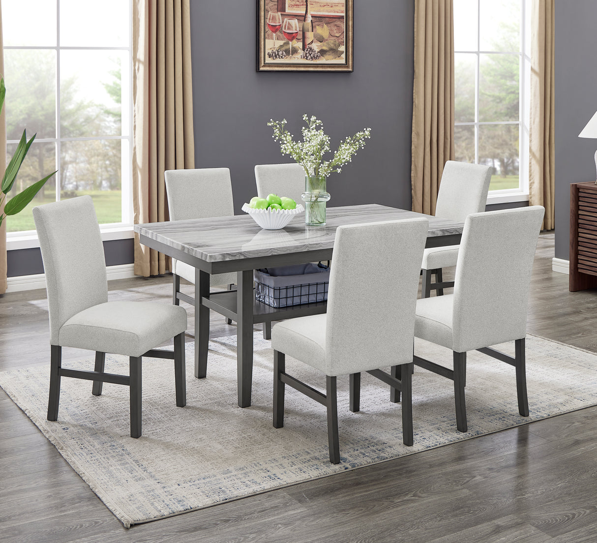 Juego de comedor Selena de 7 piezas, rectangular, de 182 cm, con cubierta de imitación de mármol gris, 6 sillas tapizadas y estante de almacenamiento en acabado gris.