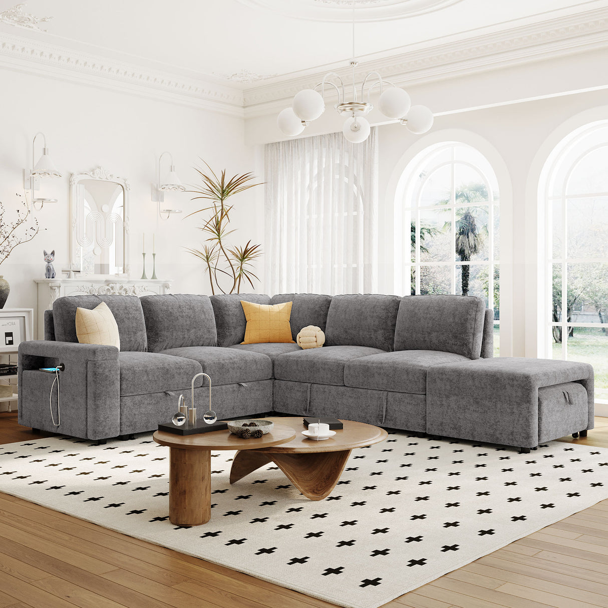 U_STYLE L-shaped Padded Modular Sofa with Storage Space, USB Ports, and Cup Holders on the Armrests, Suitable for Living Rooms, Offices, and Apartments.