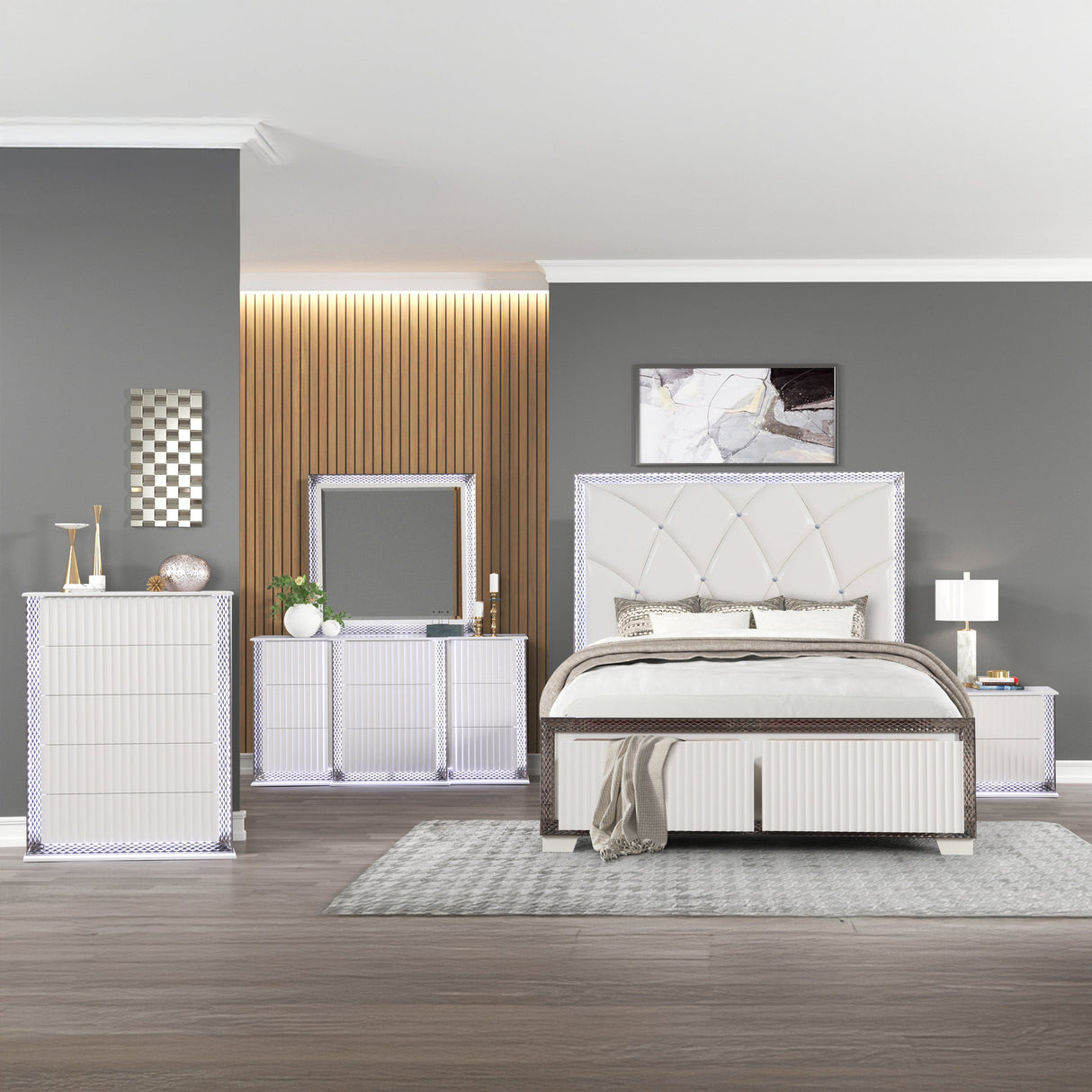 Fabio Contemporary Style Queen 5PC Bedroom set Made with Diamond-Shaped Side Accents, LED Lighting and Wood in White Finish (NJ INVENTORY) - sold by Home Elegance USA