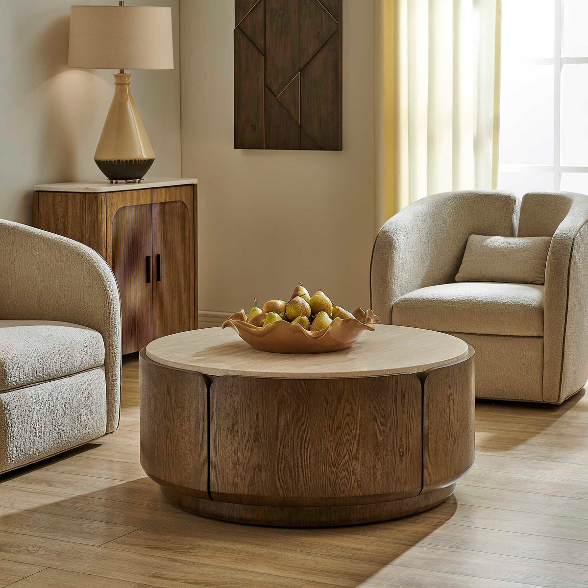 Tindall Round Travertine Coffee Table Brown / White / Woodtone - White / Dark Brown by Uttermost - View 2