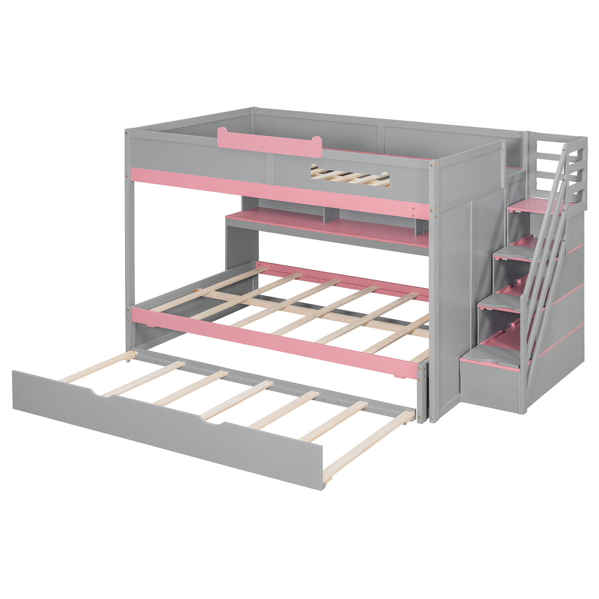 Full Over Full Bunk Bed with Twin Size Trundle and Staircase, Shelves, LED,Gray - sold by Home Elegance USA