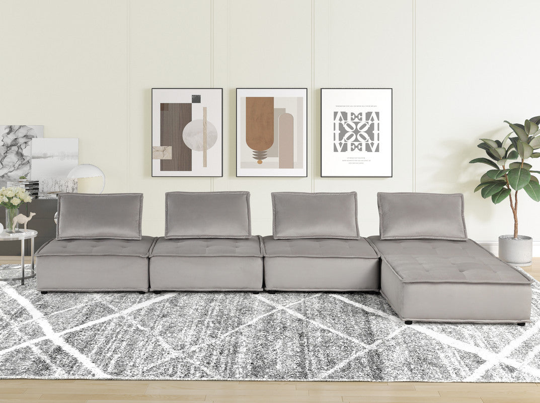 Aveline 160'W Light Gray Velvet 5 Pc Sectional Sofa Ottoman