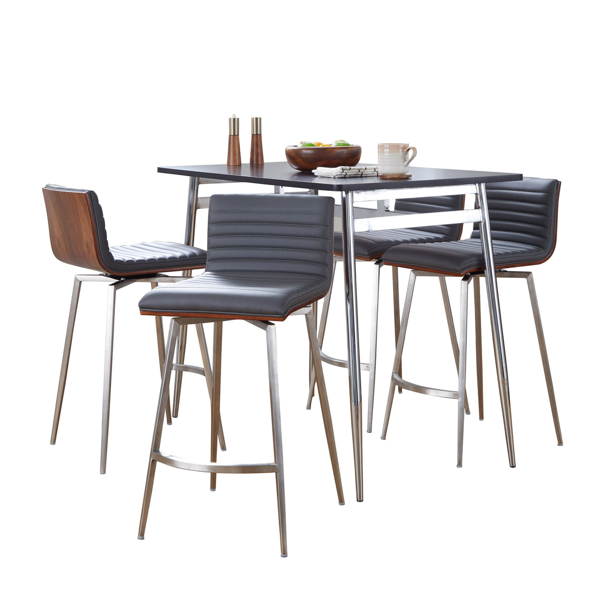 Marcel-Mason Swivel Contemporary Counter Height Dining Set in Chrome Metal with Black Wood Tabletop and Stainless Steel, Walnut Wood with Grey Faux Leather by LumiSource - 5 Piece - sold by Home Elegance USA