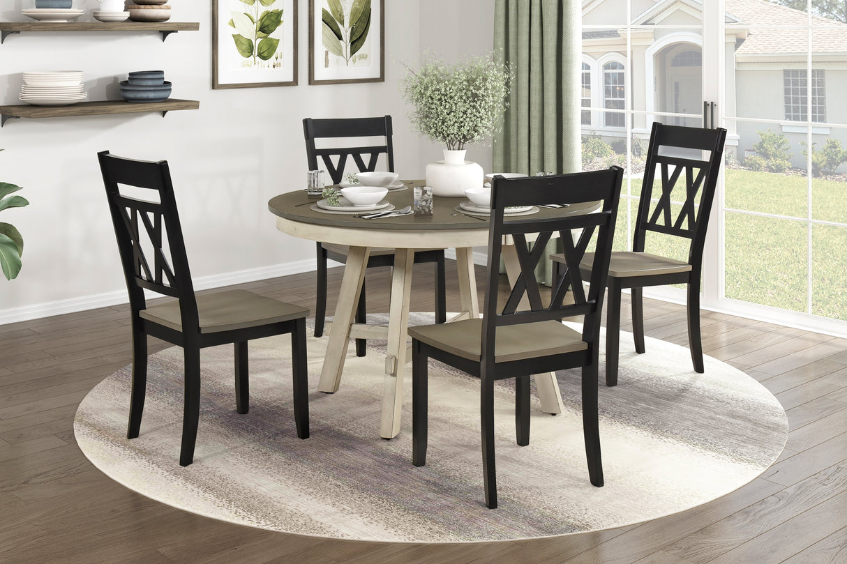 Contemporary Farmhouse Style Round Dining 5Pcs Set Table and 4x Side Chairs Wooden Furniture Antique White Gray Black Finish