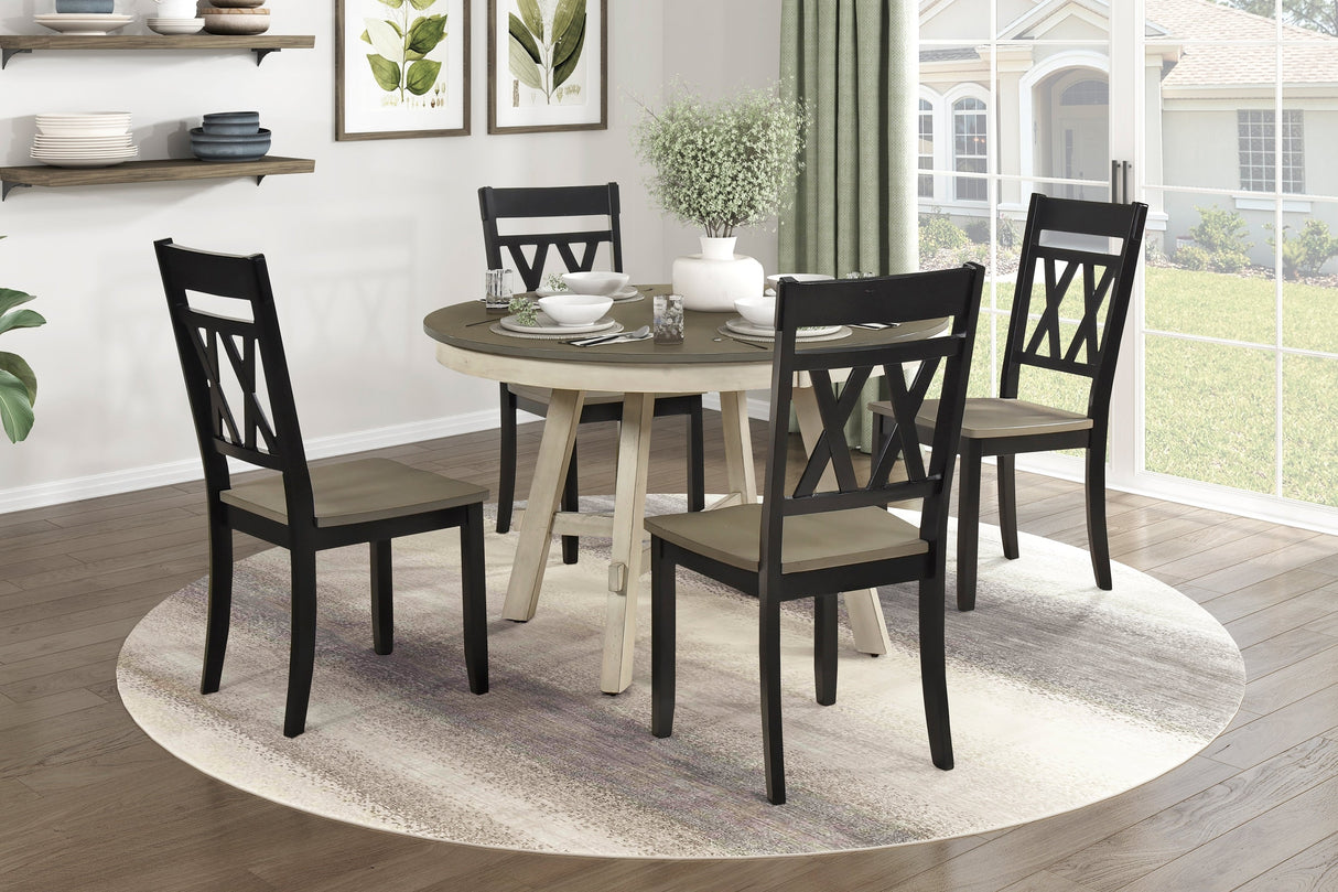 Contemporary Farmhouse Style Round Dining 5Pcs Set Table and 4x Side Chairs Wooden Furniture Antique White Gray Black Finish - sold by Home Elegance USA