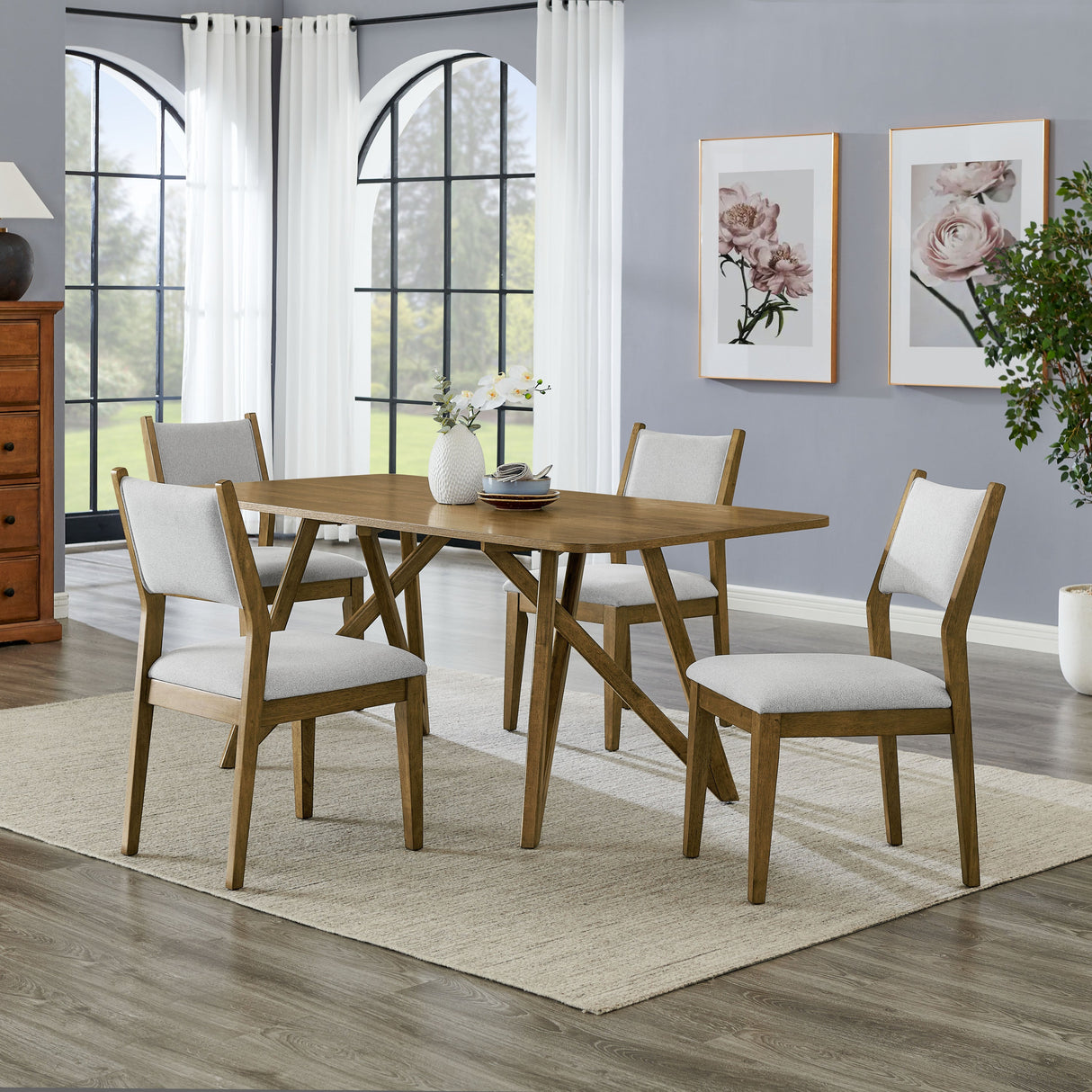 Darla 5Pc 70'W Rectangular Walnut Oak Geometric Cross Base Dining Set - sold by Home Elegance USA