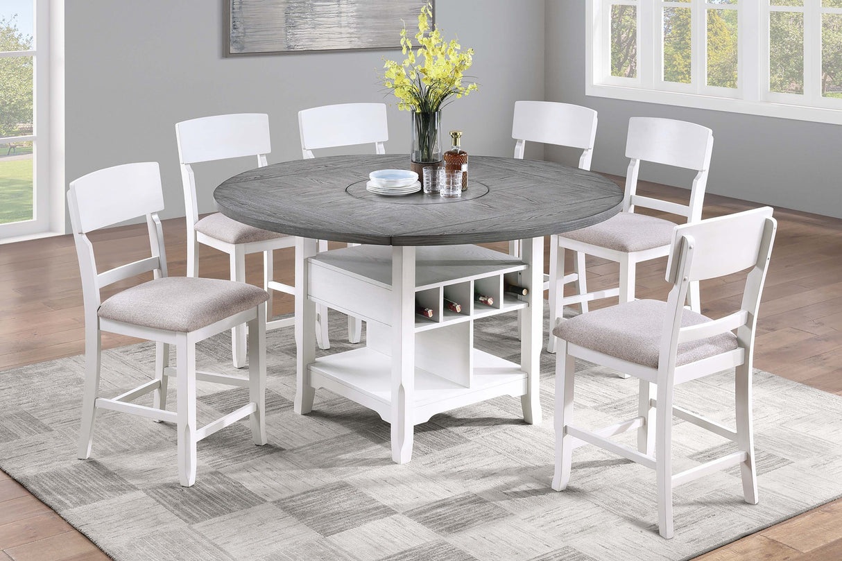 Classic 7pc Counter Height Dining Set Antique White Gray Table w Lazy Susan Built-in Leaf 6x High Chairs Kitchen Dining Room Storage Space Furniture