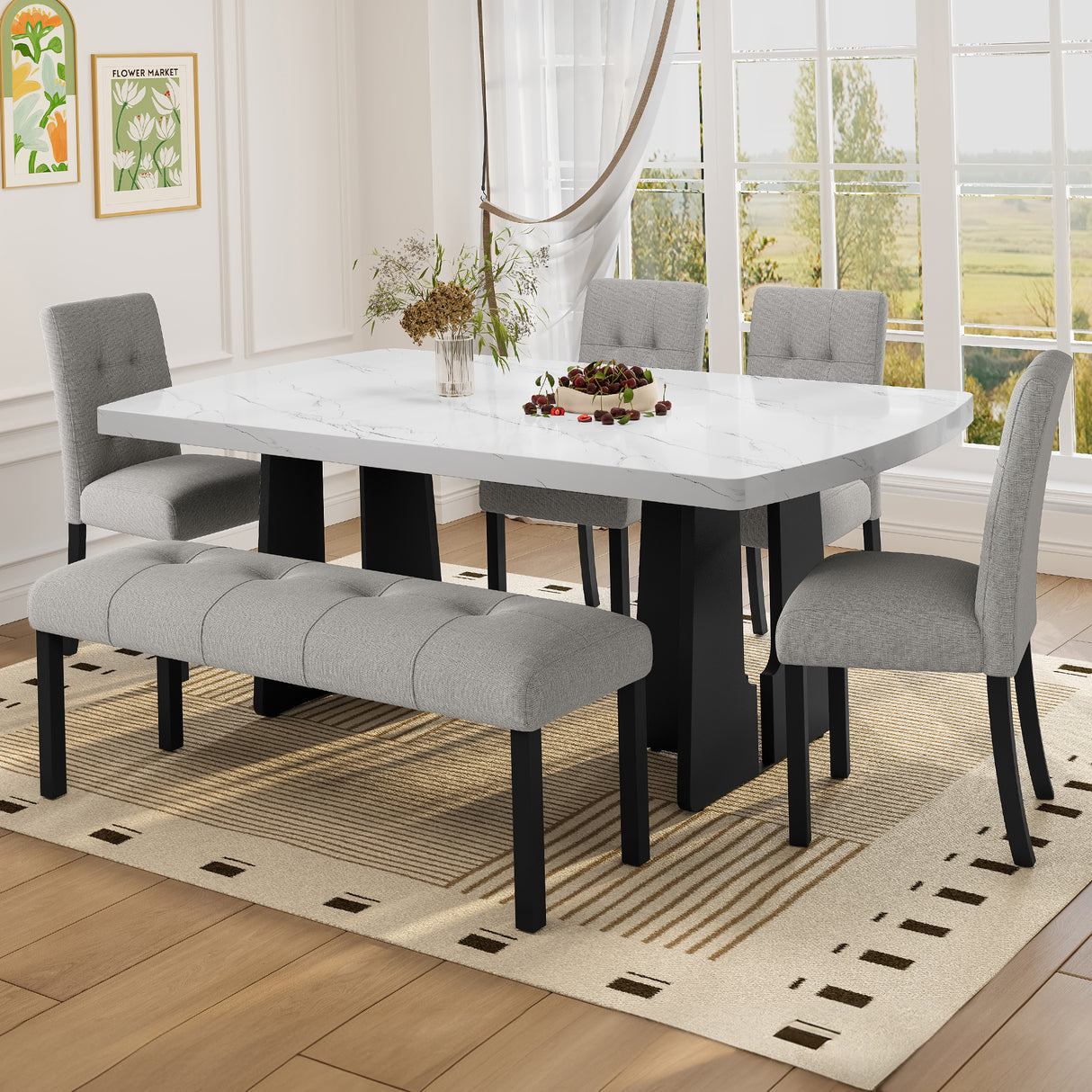 Juego de mesa de comedor moderna de 6 piezas, mesa de comedor de 16 m de imitación de mármol con patas geométricas, 4 sillas tapizadas y 1 banco, ideal para comedor o cocina, fácil de montar, blanco y gris.