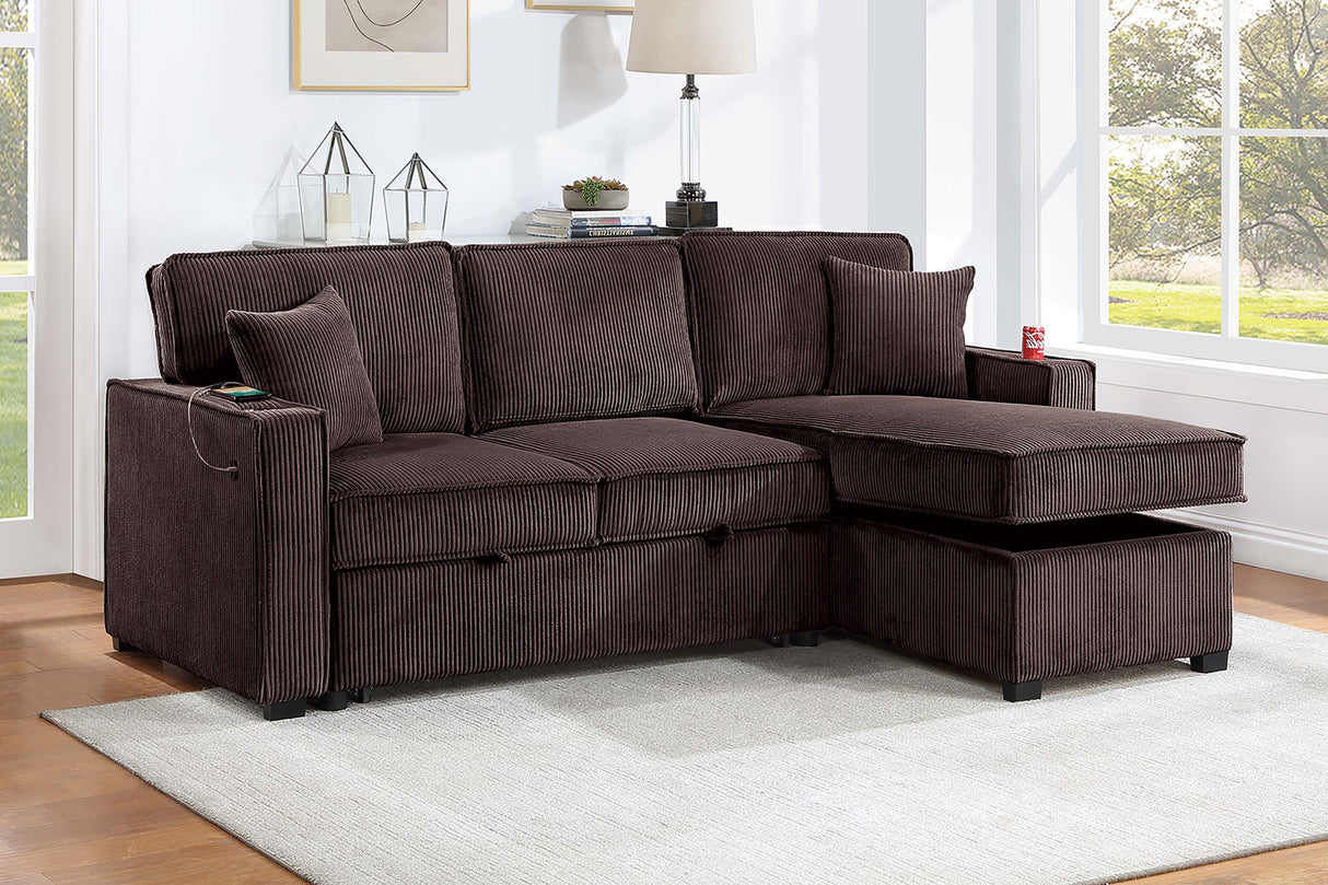 Contemporary Style Convertible Sectional Cup Holder USB And USB-C Port Storage Chaise Matching Pillows Pull Out Extension Chocolate Finish Primary Living Room