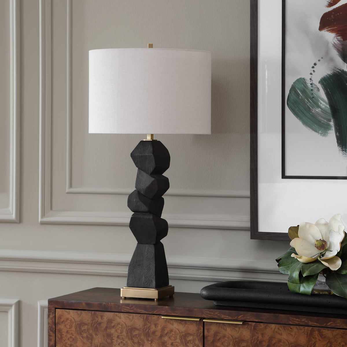 Demelo Stacked Wood Table Lamp - Black by Uttermost - View 3