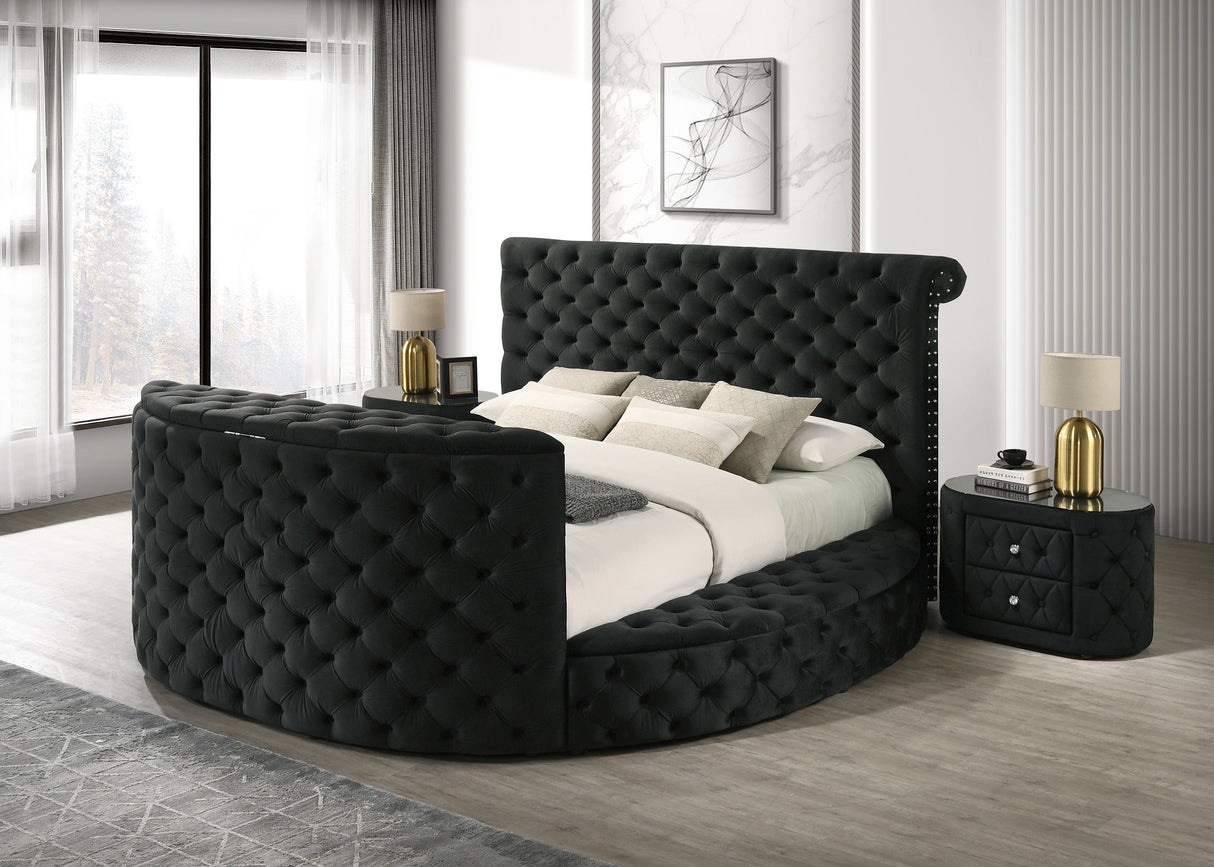 Luxurious Queen Size Bed Nightstand Set Deeply Tufted Headboard Nail Head Trim Upholstery Black Velvet Footboard Integrated Television Lift Mechanism Built-in Electric Fireplace Storage 3pc Set - sold by Home Elegance USA