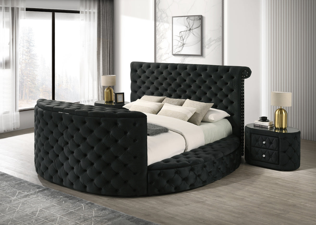 Luxurious Queen Size Bed Nightstand Set Deeply Tufted Headboard Nail Head Trim Upholstery Black Velvet Footboard Integrated Television Lift Mechanism Built-in Electric Fireplace Storage 3pc Set