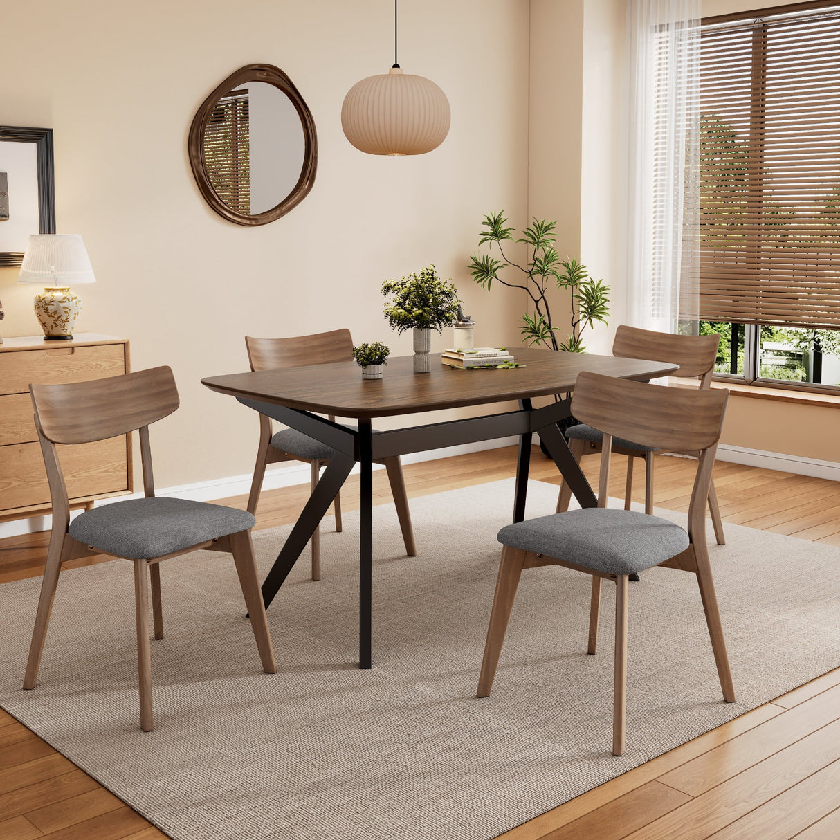 5-Pieces Upholstered Dining Set With Rubberwood Frame, Grey+Walnut+Black - sold by Home Elegance USA