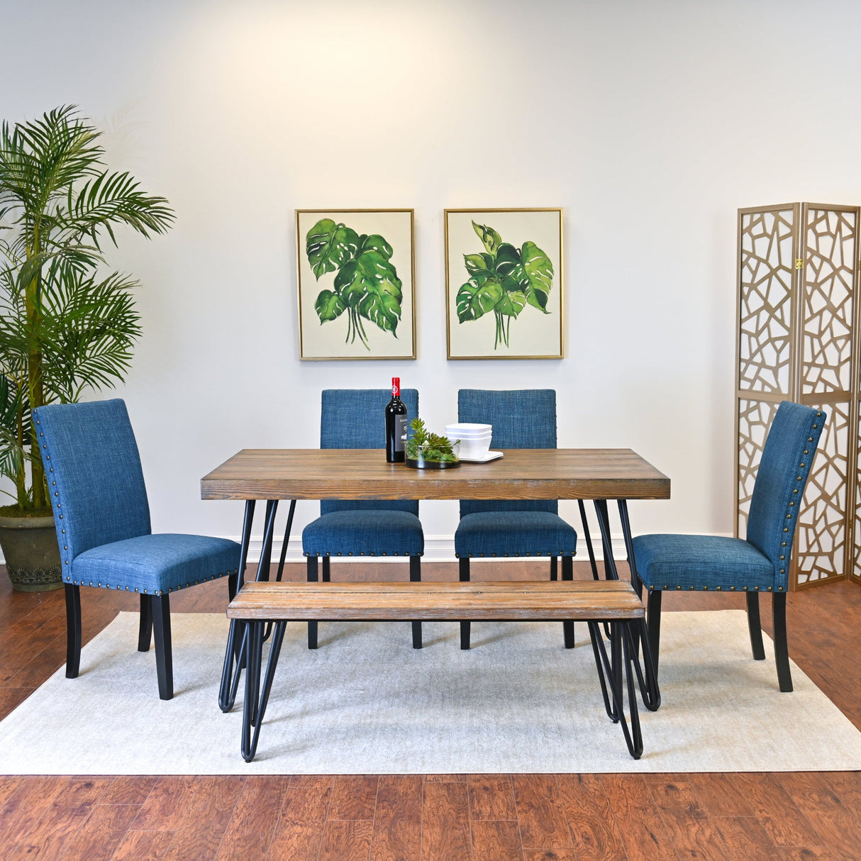 Amisos 6-Piece Dining Set, Hairpin Dining Table with 4 Chairs and a Wood Bench, 3 Color Options - sold by Home Elegance USA
