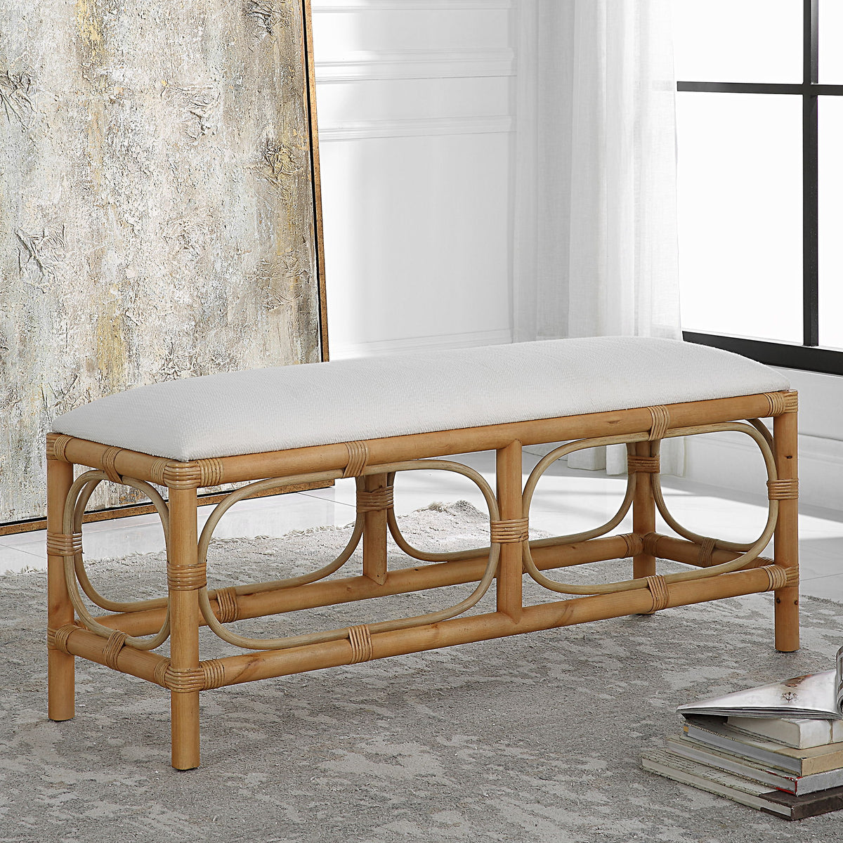 Laguna Fabric Rattan Bench - Light Brown / White by Uttermost - View 2