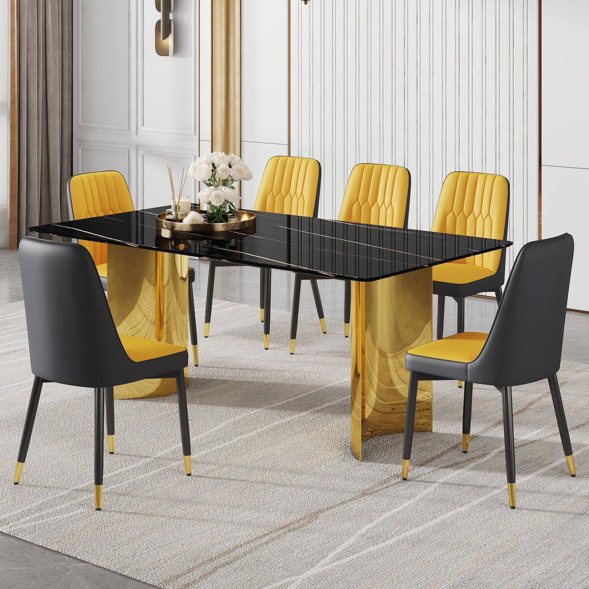 Table and chair set.The table has a glass top with imitation marble pattern stickers and stainless steel golden legs. Paried with 6 Orange and Dark Gray Spliced Color PU Dining Chairs.