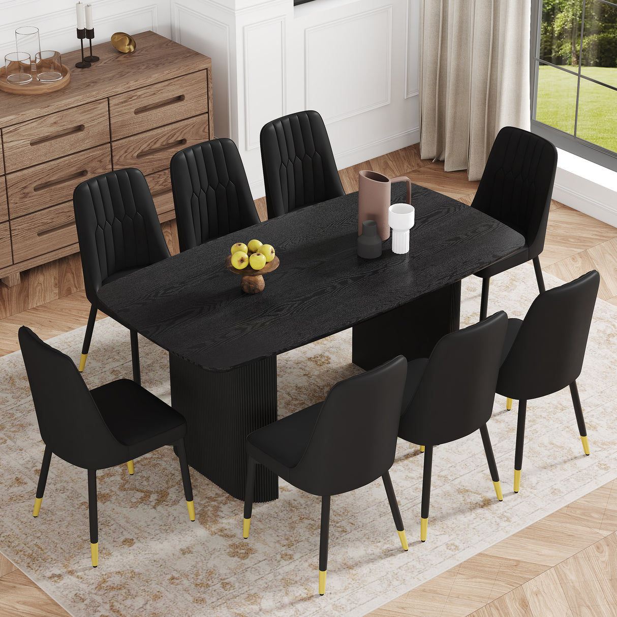 Table and chair set.67 * 35.4 inch black wood grain MDF dining table: a simple and luxurious, stable choice.Paired with 8 Black PU Chairs with Simple Line Designs On The Backrest.