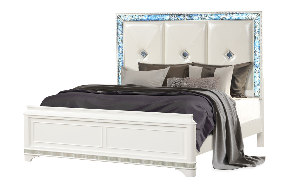Laguna Modern Style King Upholstered Bed Made with Wood, LED lights and Crystal Accents in White (CA INVENTORY)