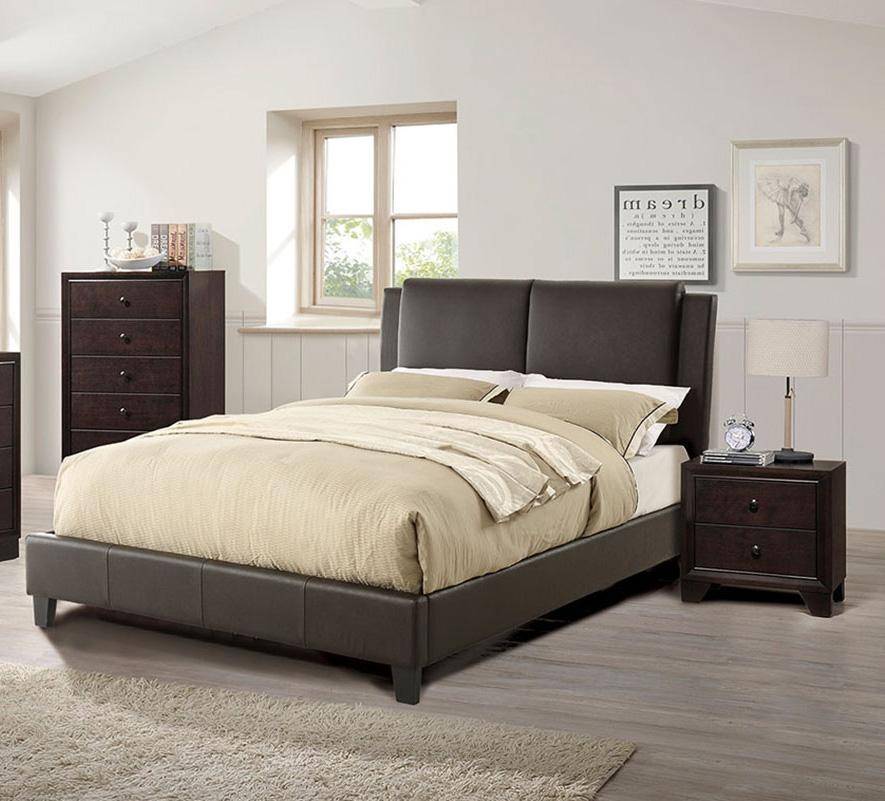 California King Size Bed 1pc Bed Set Brown Faux Leather Upholstered Two - Panel Bed Frame Headboard Bedroom Furniture | Home Elegance USA