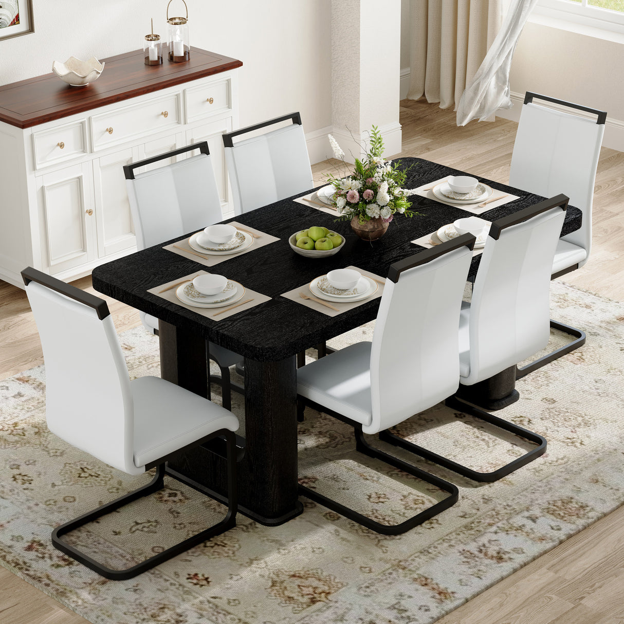 Juego de mesa y sillas. Mesa de comedor con textura de color madera negra elegante de 64,5 x 35,4 pulgadas. Combina con 6 sillas de PU blancas con patas negras arqueadas. Exuda un fuerte sentido de la moda.