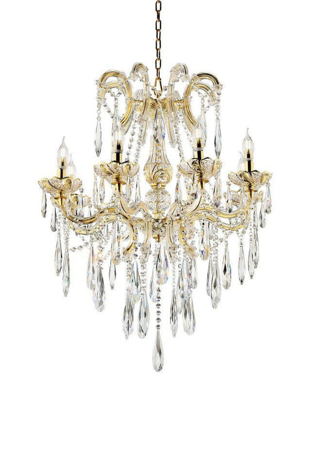 35" Tall" Luminere" 8 LED Light Chandelier with Crystals, Matte Gold and Crystal | Home Elegance USA