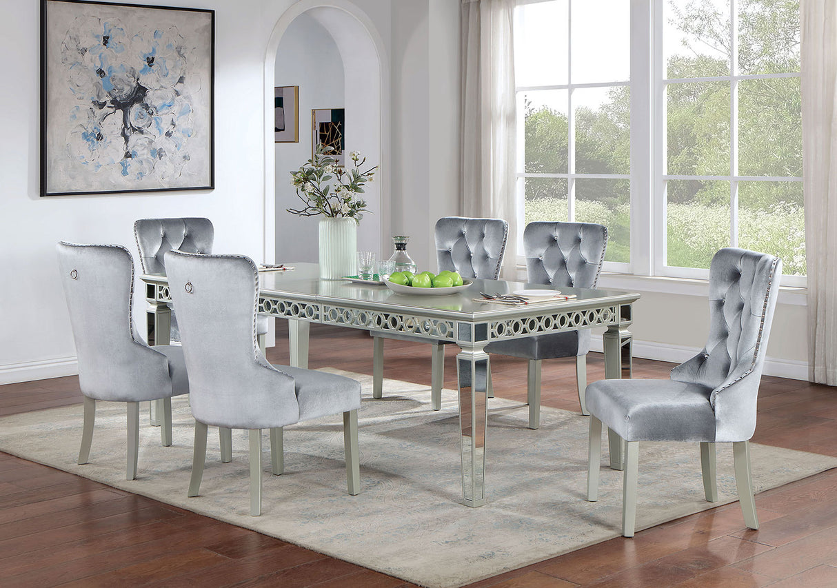 Glam Silver And Dark Gray 7pc Dining Set Table w Leaf Wingback 6x Chairs Acrylic Tufted Dining Room Furniture