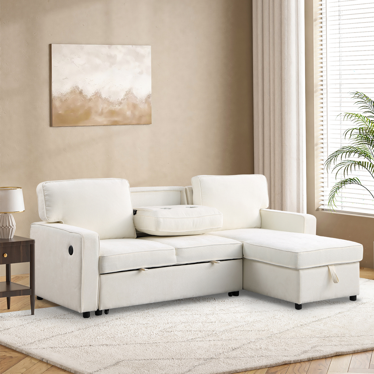 U_STYLE Upholstery Sleeper Sectional Sofa with Storage Space, USB port, 2 cup holders on Back Cushions