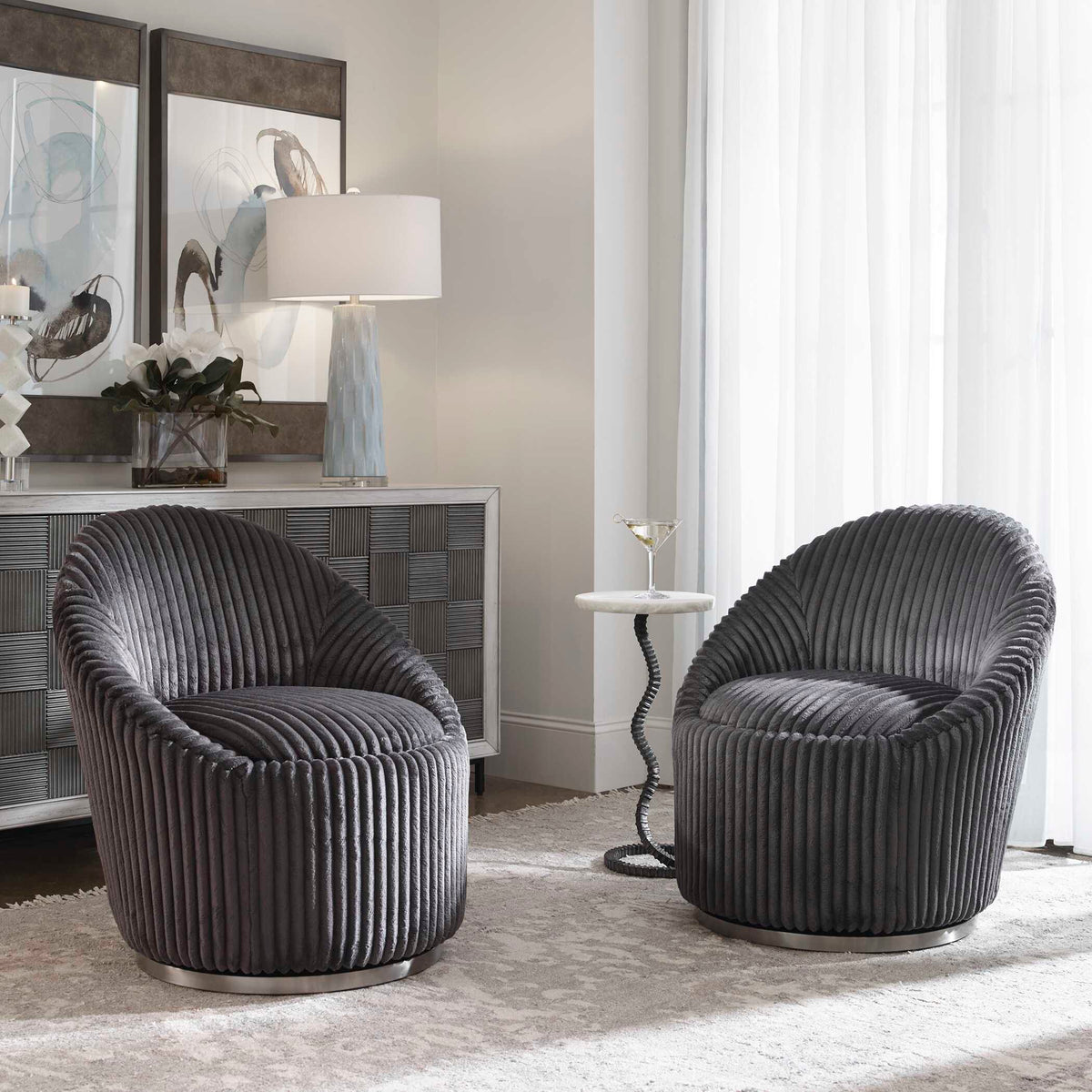Crue Fabric Swivel Chair - Dark Gray by Uttermost - View 3
