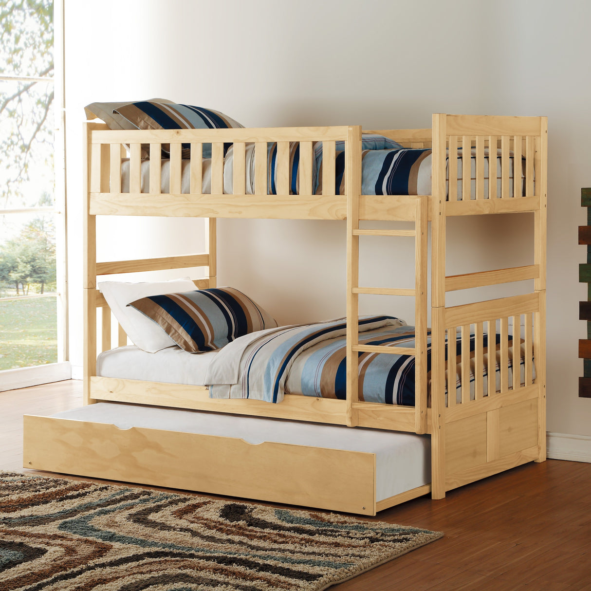 Twin Over Twin Bunk Bed with Trundle Natural Pine Finish Sturdy Ladder Wooden Transitional Bedroom Furniture 1pc Children Bed