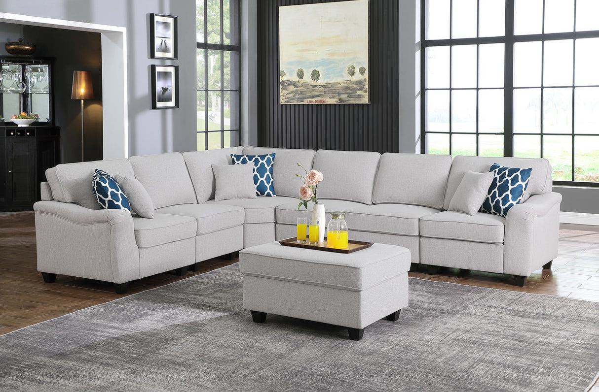 Leo 125' Light Gray Linen 7Pc Modular L-Shape Sectional Sofa and Ottoman