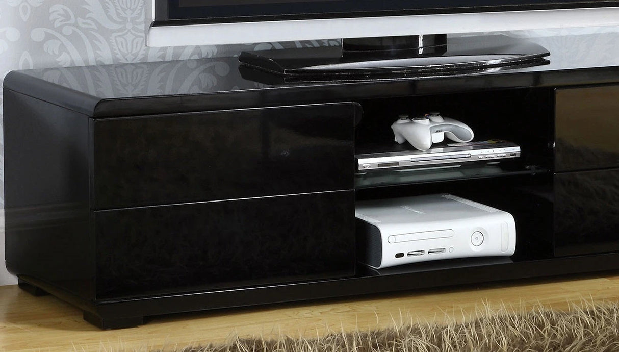 Black Finish Contemporary Style Lacquer Coating TV Console With Full Extension Ball Bearing Glides Drawers Rear Wearing Access And Open Storage Space - sold by Home Elegance USA