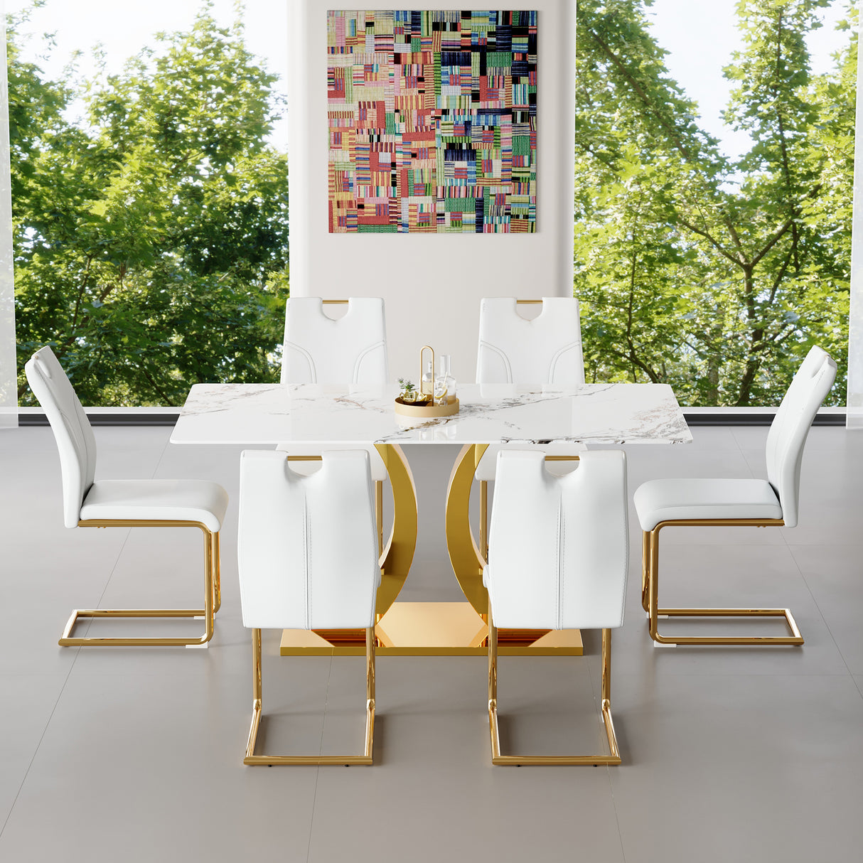 Marble-Veined Tempered Glass Dining Set with Gold Accents: 63-inch Transformable Table & 6 U-Shaped Armchairs Modern Minimalist Style