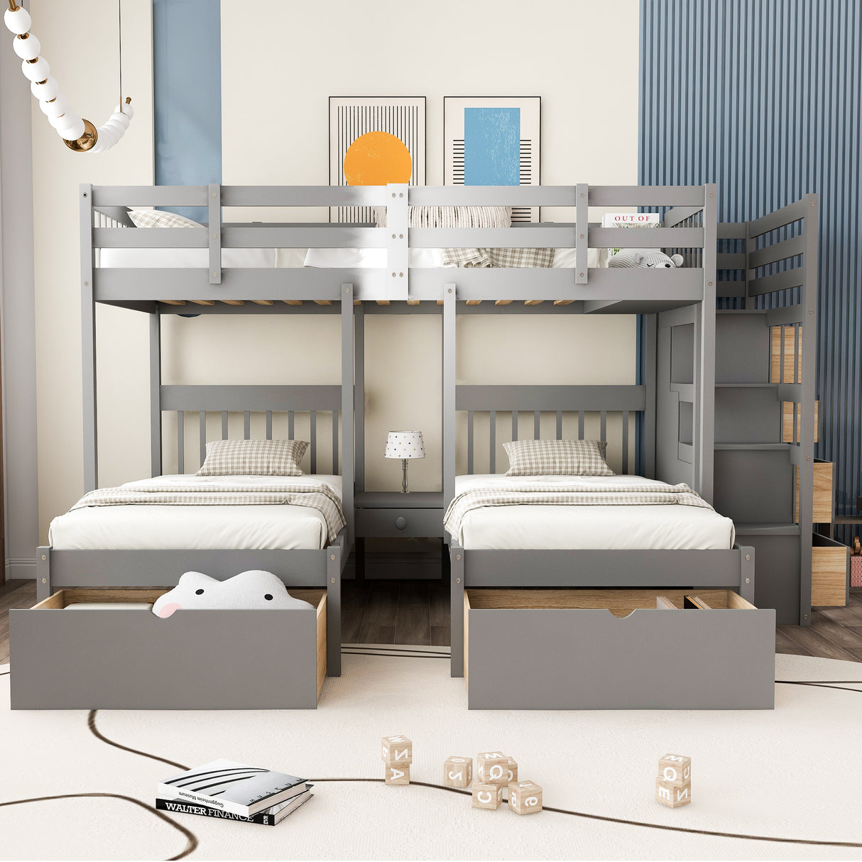 Full Over Twin & Twin Bunk Bed, Wood Triple Bunk Bed with Drawers and Guardrails (Gray) - sold by Home Elegance USA
