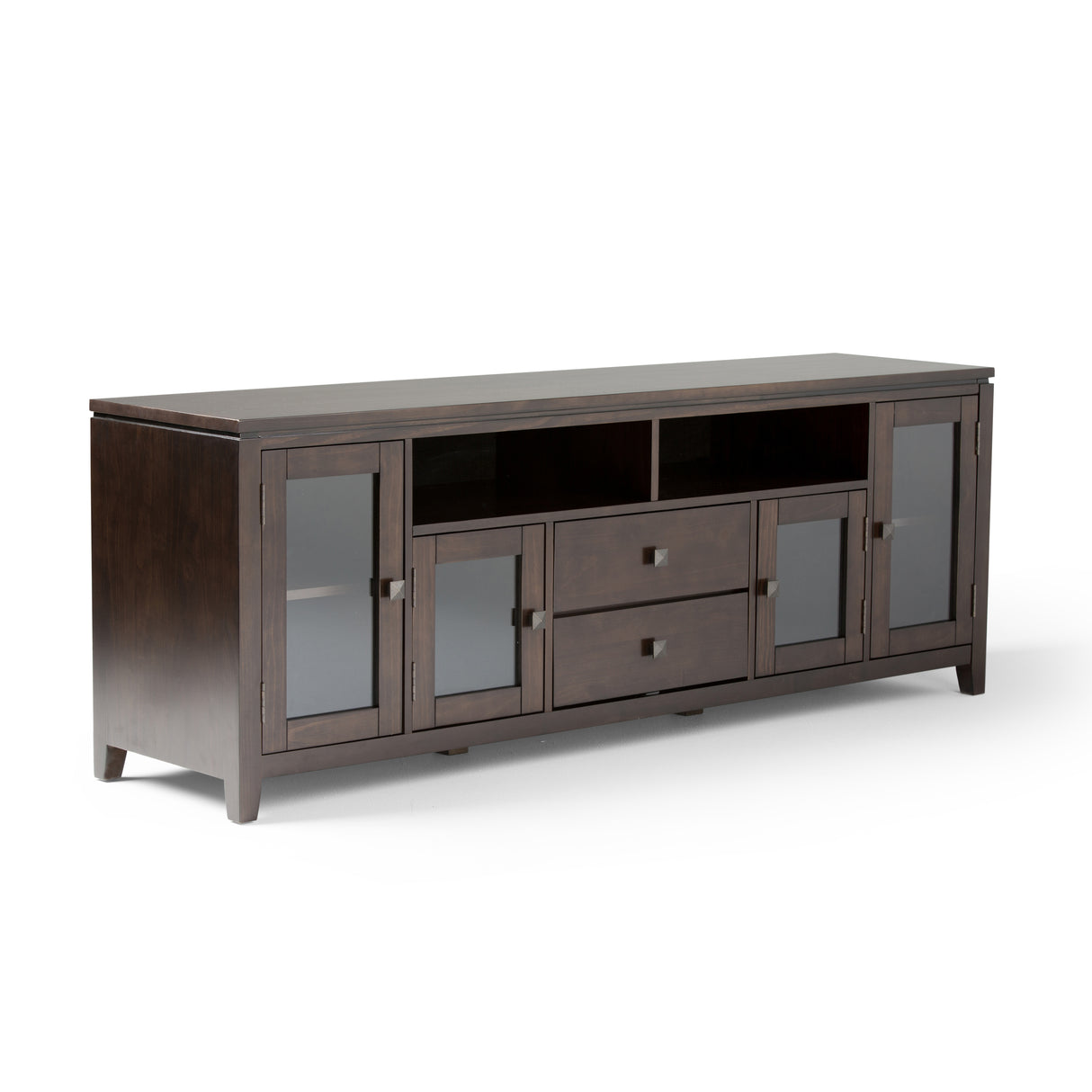 Mueble para TV Cosmopolitan de madera maciza de 72 pulgadas de ancho en color marrón caoba. Para televisores de hasta 80 pulgadas.