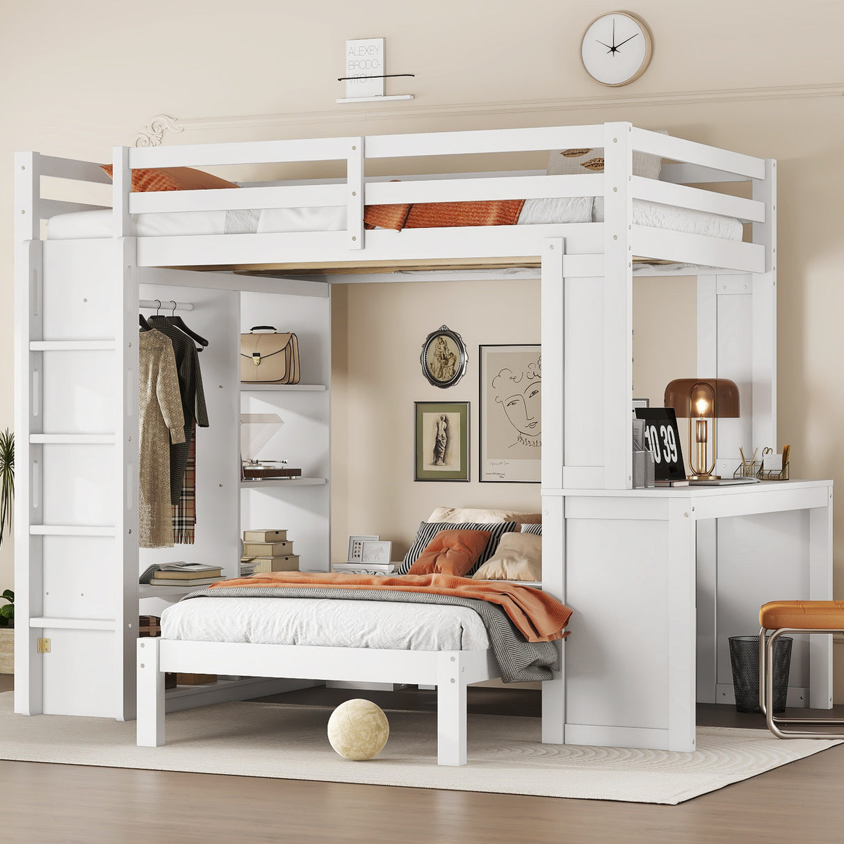 Full XL/Full over Twin Bunk Bed with Dismountable Lower Bed and Desk, Solid Wood Bunk Beds Frame with Built-in Shelves and Wardrobe, Can be Converted into Loft Bed, White