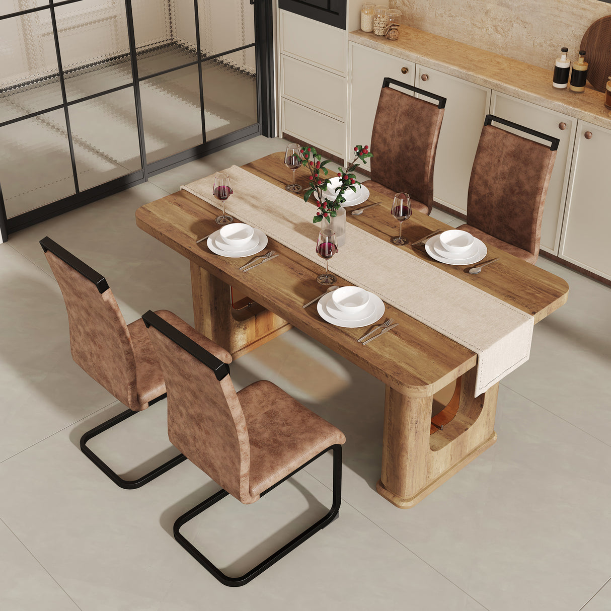 Juego de mesa y sillas. Mesa de comedor con textura de color madera elegante de 64,5 x 35,4 pulgadas. Combina perfectamente simplicidad y transparencia. Combinada con 4 sillas de tela con tecnología marrón con patas negras arqueadas.