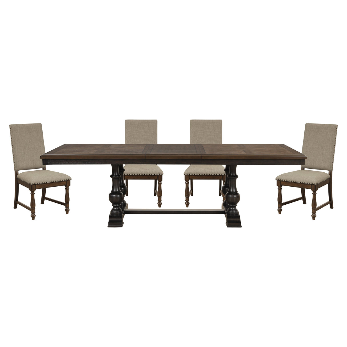 Traditional 5pc Dining Set Table with Extension Leaf and 4 Side Chairs Beige Fabric Upholstered Nailhead Trim Brown Classic Dining Room Furniture - sold by Home Elegance USA