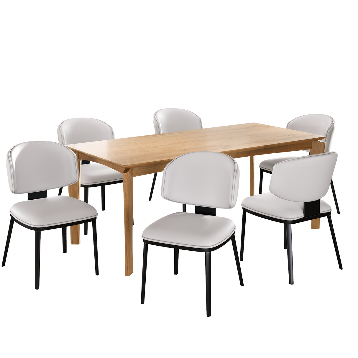 7 Pieces Contemporary Dining Set with Faux Leather Chairs and Metal Legs , Black+White+Natural Wood Finish