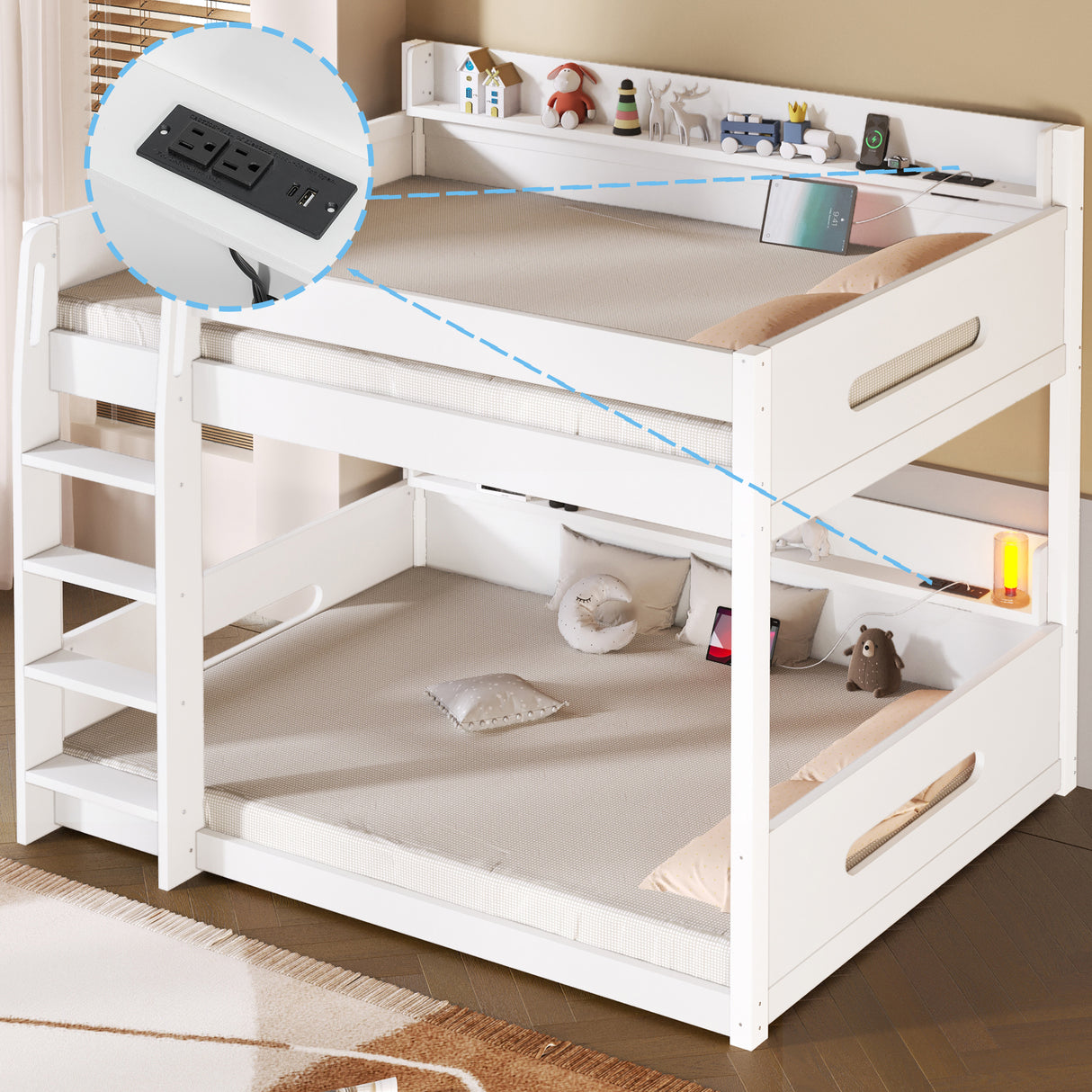 Queen over Queen Bunk Bed with Storage Shelves and USB Ports, White